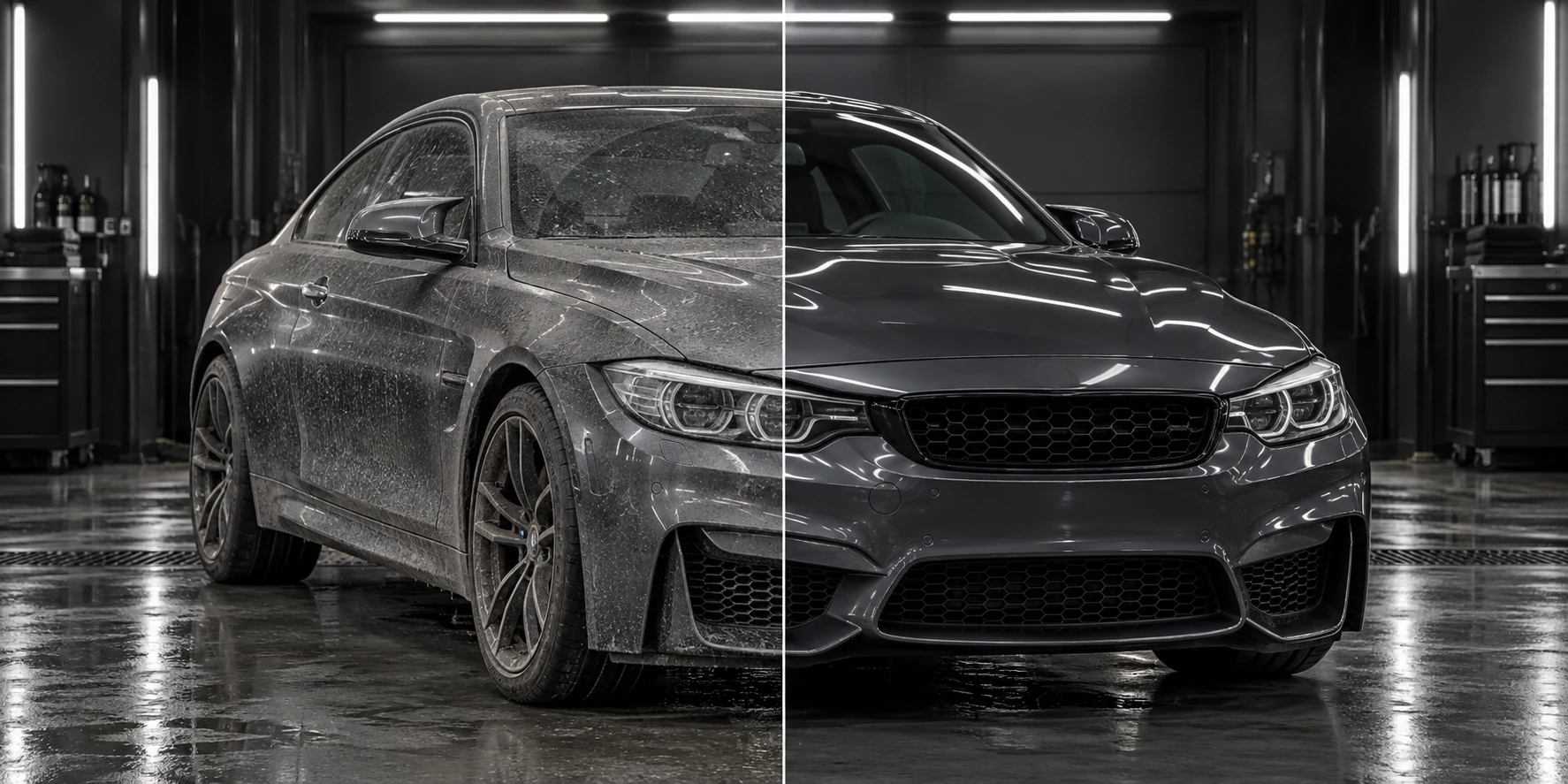Generated demonstration image comparing a dirty and detailed fictional car
