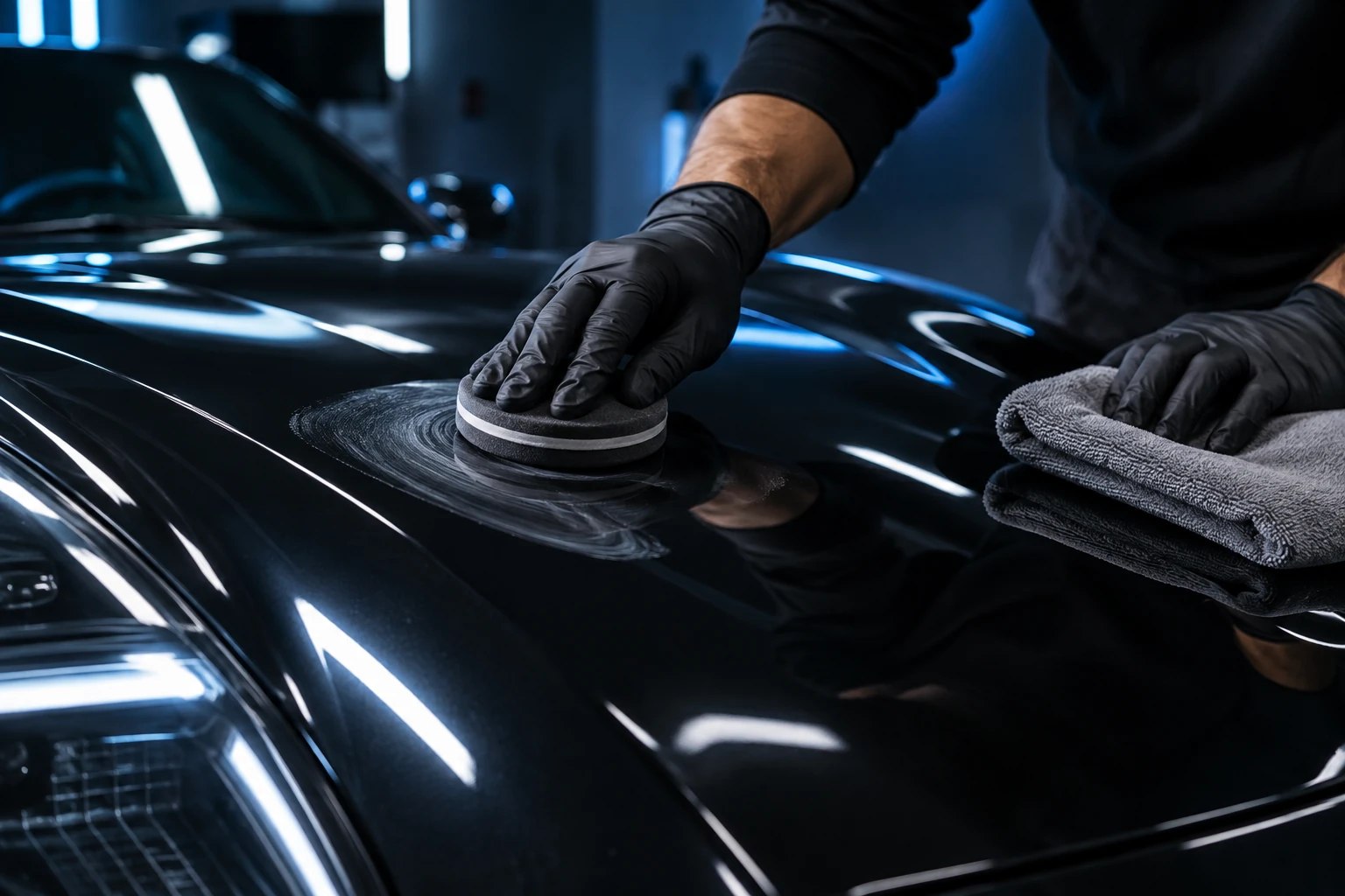 Detailer polishing a black car hood