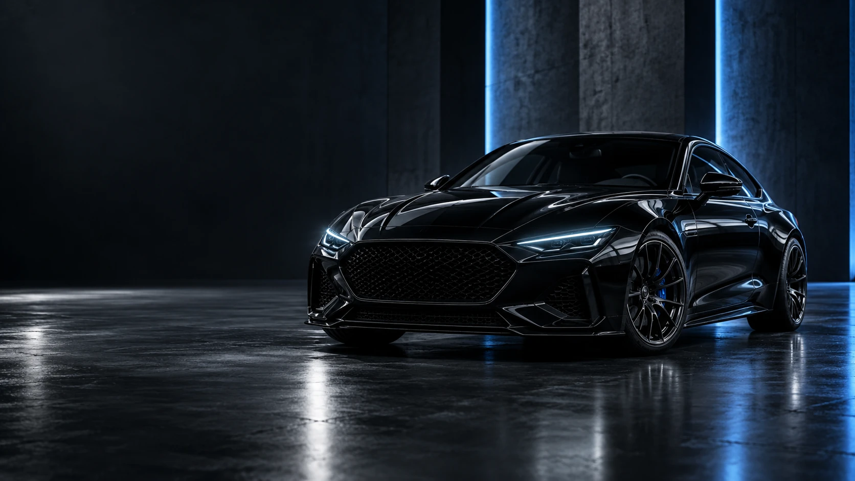 Fictional black performance coupe in a dark studio
